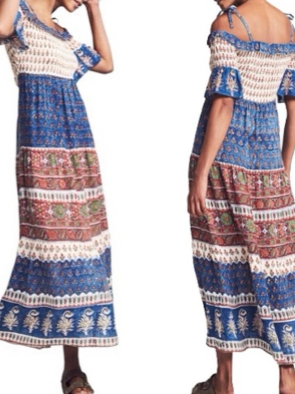 FAHERTY Sylvie Cutout Tie-Strap
Bohemian Blue Floral Off-Shoulder Maxi Dress